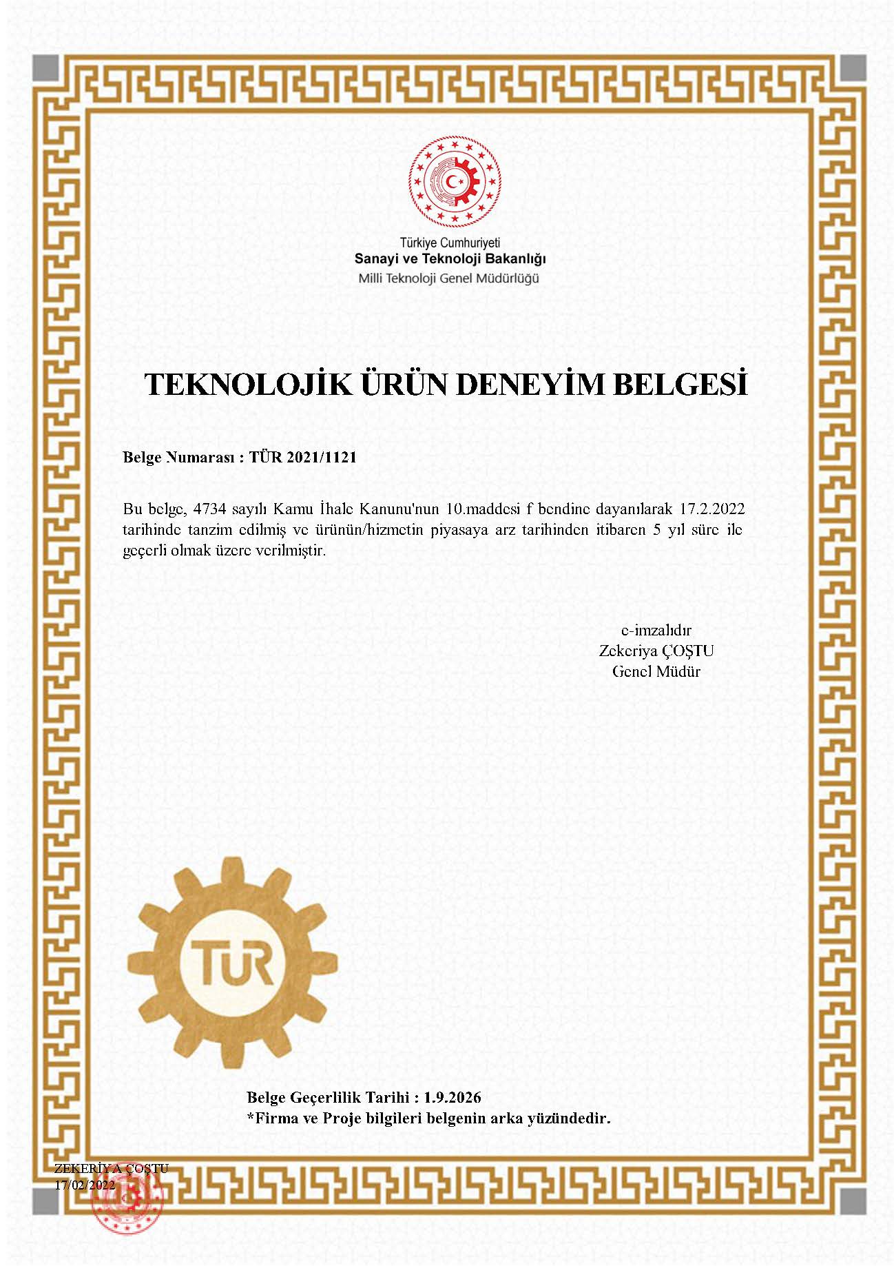 TEKNOLOJİK ÜRÜN DENEYİM BELGESİ